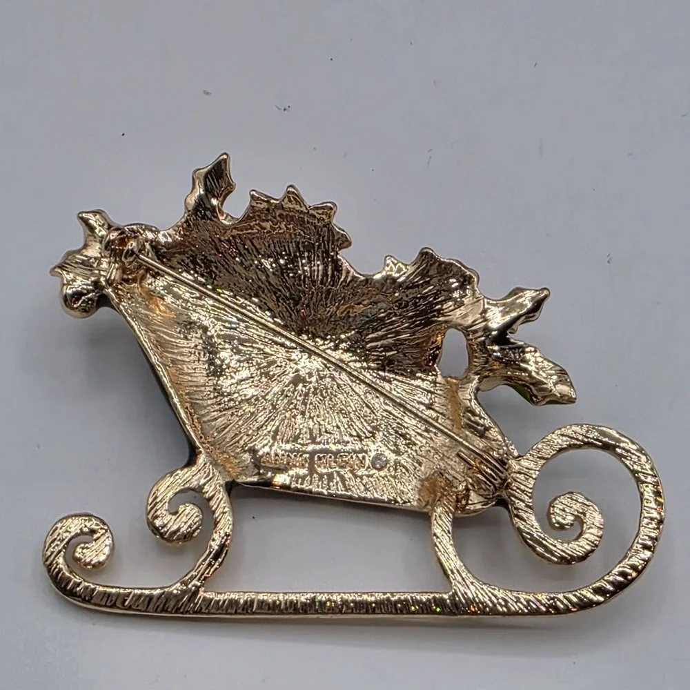 Vintage Anne Klein Christmas Sleigh Poinsettia Brooch Enamel Rhinestones Holiday